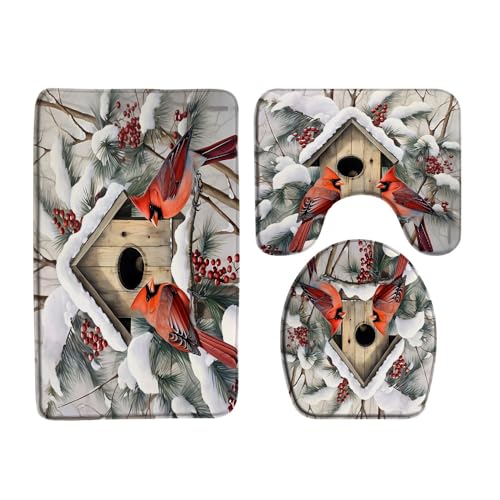 AMHNF 3 Piece Christmas Red Birds Bath Mat Sets Xmas Pine Tree Winter Holiday Snow Branche Twigs Merry Christmas Rustic Festival Bathroom Doormat Rugs,Toilet Seat Cover,U-Shaped Floor Mat