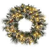 HOMCOM Couronne de Noël Porte Artificielle 60 CM décoration de Noël Lumineuse avec Pommes de pin et grappes de Baies, lumières LED et minuterie, pour Porte, fenêtre ou cheminée, Vert