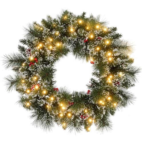 HOMCOM Weihnachtskranz 60cm Türkranz mit 50 LEDs Zapfen Timer...