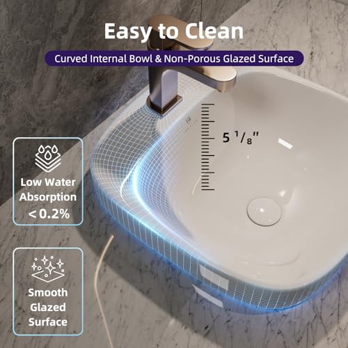 Image of 17″L x 17″D Drop-In Bathroom Sink with Included Pop-Up Drain, Los Flexi White Semi-recessed Bathroom Sink for Vanity, Modern Square Vessel Sink, One Faucet Hole, Above Counter Basin for Small Bathroom