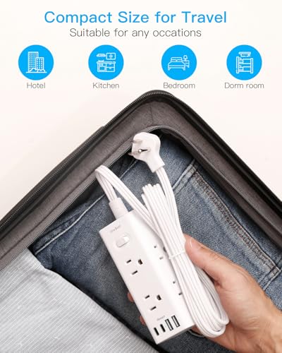 10FT Extension Cord Indoor, Power Bars with Surge Protector, Flat Plug Long Cord 6 Outlet 4 USB Ports (2 USB C) for Home, College, Dorm Room Essentials image 2