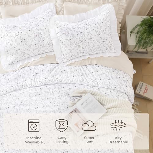 Image of Litanika Floral Ruffle Queen Comforter Set, 3 Pieces White Cream Farmhouse Aesthetic Soft Lightweight Fluffy Bedding Comforter Sets for Girls Women, All Season (90x90In Comforter, 2 Pillowcases)