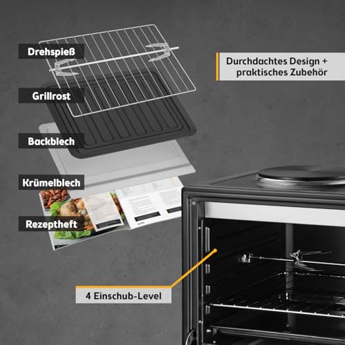 TZS First Austria - Minibackofen mit Kochplatten 45L 3200 W - Mini Backofen Pizzaofen mit Herdplatten bis 230°C & Antihaftbeschichtung - Miniofen Kombigerät mit 4 Einschubhöhen & hochwertigem Zubehör – Bild 5