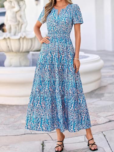 Image of BTFBM Womens Summer Floral Maxi Dresses V Neck Short Sleeve Boho Casual Flowy Long Wedding Guest Dress Beach Vacation