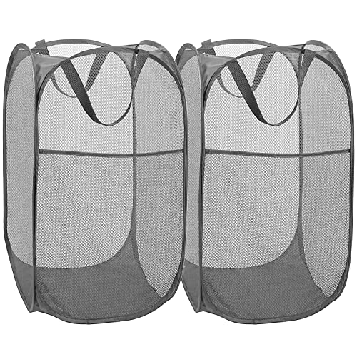 Image of BATTOO Deluxe Strong Mesh Pop up Laundry Hamper Basket with Side Pocket for Laundry Room, Bathroom, Kids Room, College Dorm or Travel 2 x Grey