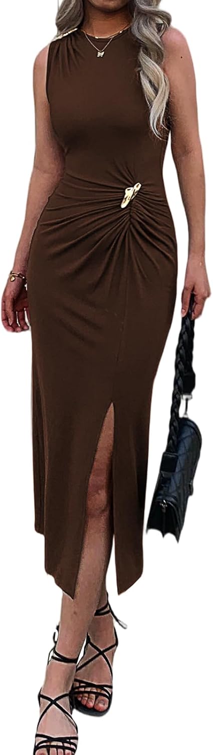 Women's Summer Bodycon Sleeveless Dress High Neck Side Slit Wedding Guest Cocktail Formal Party Maxi Dresses