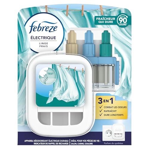 Febreze Kit De Démarrage Diffuseur Électrique Parfum Linge Frais, Prise + Recharge de 20ml, 3 Parfums en Alternance, Combat les Odeurs et Rafraîchit...