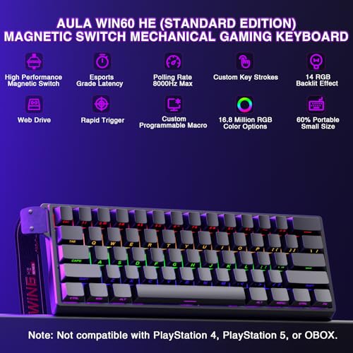 Image of Aula WIN60 HE - 60% Mechanical Gaming Keyboard Wired, Magnetic Switch Hot Swappable, Adjustable Actuation Rapid Trigger Mode, 8000 Hz Polling Rate, RGB Small Keyboard 60 Percent Compact Design for PC