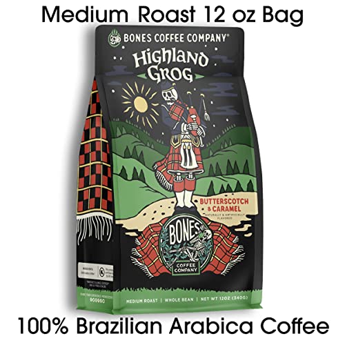 Bones Coffee Company Highland Grog Flavored Ground Coffee Beans Butterscotch Caramel & Rum Flavor | 12 Oz Medium Roast Low Acid Coffee Arabica Beans | Flavored Coffee Gifts & Beverages (Ground) #TOP2