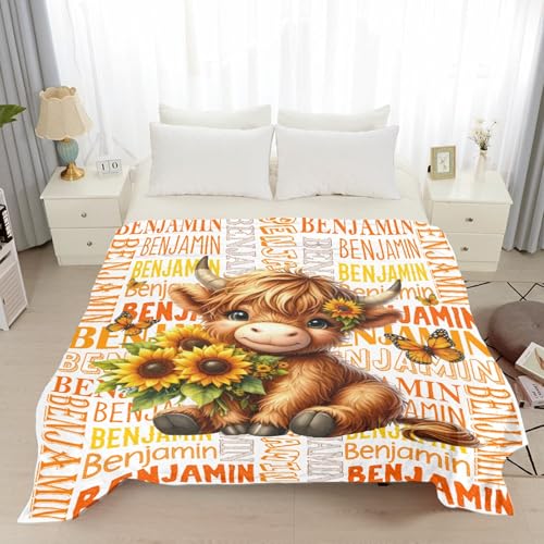 Image of Cute Highland Cow Name Blanket, Custom Highland Cow Name Gifts for Boys Girls,Soft Flannel Animal Throw Blanket,40 inchx50 inch for Kids