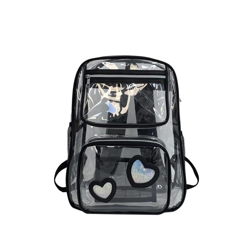 Mochila Transparente Escolar Feminina com Corações, à Prova d’Água, PVC Resistente, Estilo Fofo, Ideal para Adolescentes e Viagens (Preto)