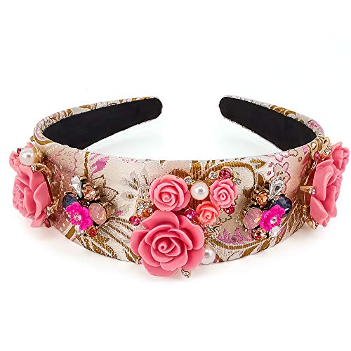 QTMY Fashion Flower Pearls Crystal Headband,Wide Hair Hoop for Women,Hair Accessories Head Band Headwear,Light Pink