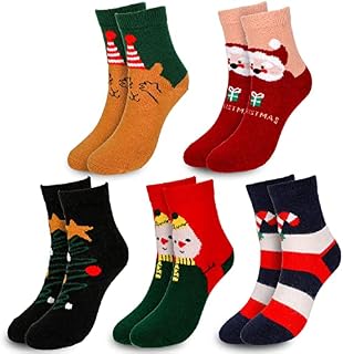 Qpout 5 Pairs Christmas Socks, Xmas Casual Ankle Socks, Unisex Christmas Holiday Winter Warm Cotton Crew Socks, Santa Snowman Bear Winter Slipper Socks for Boys Girls Men Women