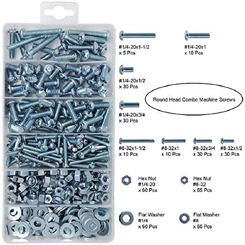 T.K.Excellent Machine Screw and Hex Nut and Flat Washer #8-32 to #1/4-20 Phillips-Slotted Round Head Combo Drive Bolt Assortment Kit,405 Pcs