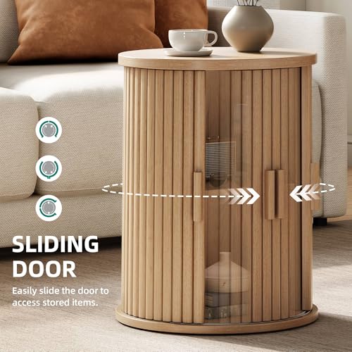 YITAHOME Runder Tisch mit Schiebetürenschrank, Beistelltisch mit 2-stöckigem Aufbewahrungsregal für Schlafzimmer, Esszimmer, Wohnzimmer, Home Office, oder Wohnung, kleiner Couchtisch/Nachttisch, helle – Bild 7