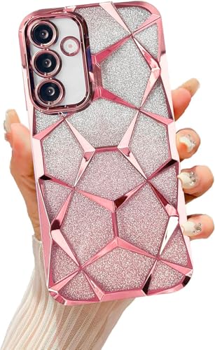 Image of VONZEE Gradient Glitter Case for Samsung S24 FE, Luxury Electroplated 3D Cube, Diamond Bling Shiny Soft TPU Clear Shockproof Case Women Girls Protective Phone Cover (Rose Gold)