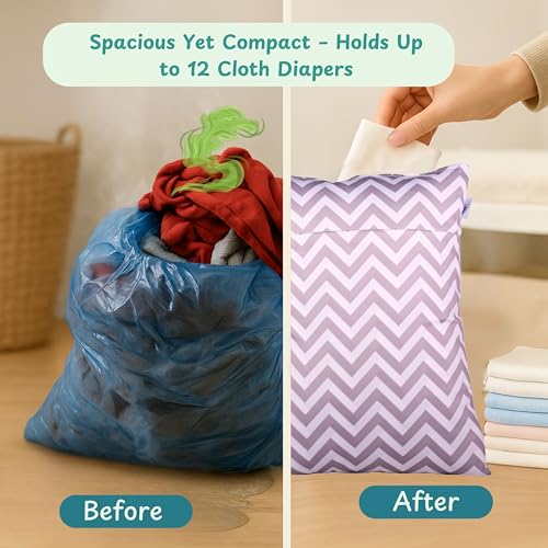 Image of Chic Buddy Polyester Waterproof Wet Bag, Washable, Reusable for Travel, Beach, Pool, Stroller, Diapers, Dirty Gym Clothes, Wet Swimsuits, Toiletries (Zig-ZAG, Wet Bag /Dry Bag), Purple