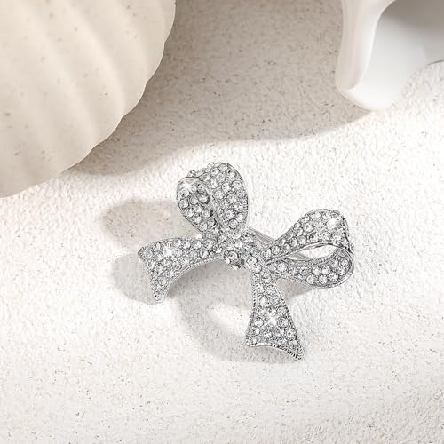 Image of Rhinestone Brooches For Women Bling Bow Brooch Pin Vintage Sparkly Bow Pins For Lapel Vintage Crystal Large Bowknot Brooches Dress Pin (Silver)