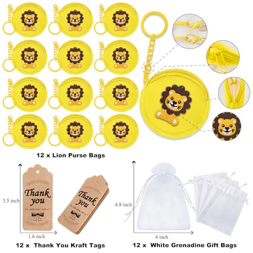 36 Pack Lion Change Purses Set Include 12 Lion Wallets with Keyrings, 12 Thank You Tags and 12 Organza Bags for Lion Jungle Safari Animals Baby Shower Wild ONE Party Supplies,Yellow2