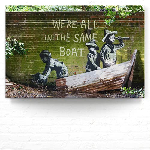 Banksy XXL Leinwand-Bild in the same Boat als Wandbild 120x80cm cm groß Street Art Banksy-Style als moderner Kunstdruck zur Wanddekoration. Wandbilder für Wohnzimmer Büro