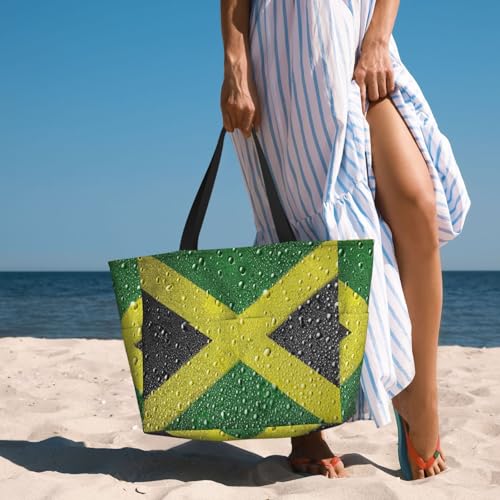 Jamaica Flag Painted On Metal Surface Covered With Rain Drops Beach Bag Women Tote Bag Pool Bag With Zipper For Gym Grocery Travel With Wet Pocket4
