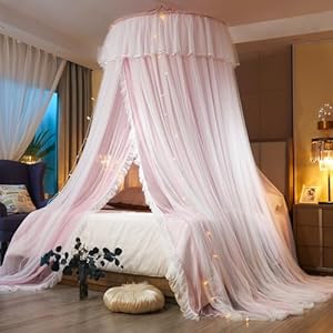 AIKASY Princess Bed Canopy for Girls & Adults, Elegant Double-Layer Bed Curtain, Children’s Dream Round Lace Mosquito Net – Fits Twin, Full, Queen, and King Beds(Pink/White)