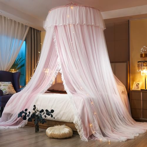 AIKASY Princess Bed Canopy for Girls & Adults, Elegant Double-Layer Bed Curtain, Children’s Dream Round Lace Mosquito Net – Fits Twin, Full, Queen, and King Beds(Pink/White)