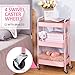 TOOLF 3-Tier Rolling Cart with Table Top, Metal Storage Cart on Wheels, Utility Organizer with Wooden Tray, Lockable Casters, Easy Assembly for Bathroom, Living Room, Office, Bedside, Pink