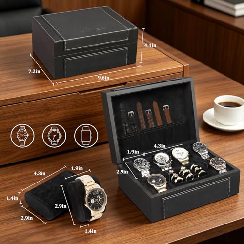 Image of KAMIER Watch Box for Men, 6-Slot High End Wooden Watch Case with Jewelry Organizer, Watch Box Holder Organizer for Men Women, Watch Storage Box with Soft Velvet Pillows, Ideal for Gift
