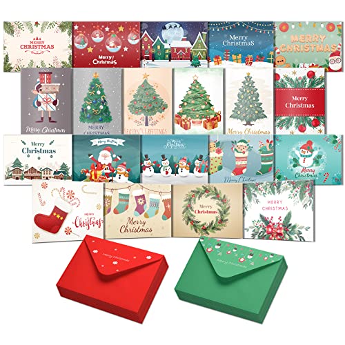 Christmas Cards Boxed Bulk, Merry Christmas Greeting Cards with Envelopes 20 Colorful Unique Designs Happy Holiday Cards Cute Xmas Card Set for Christmas, Holiday, New Year, Xmas Gift