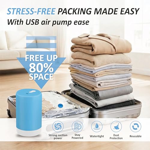 Image of Cozy Essential Travel Vacuum Storage Bags with Rechargeable Cordless USB Pump, Space Saver Bags for Luggage, Suitcase, Carry-On, for Clothes, Blankets, Bedding & Seasonal Storage,12 Combo