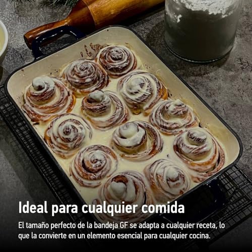 Cazuela rectangular de hierro fundido esmaltado azul de 3,2 litros para lasaña y horno 6