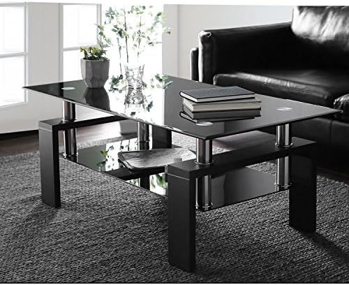 Leisure Zone Tempered Glass Chrome Living Room Coffee Table, Black Modern Rectangle Tea Table with Lower Shelf Wooden Legs, Size:L 100 X W 60 X H 45 cm