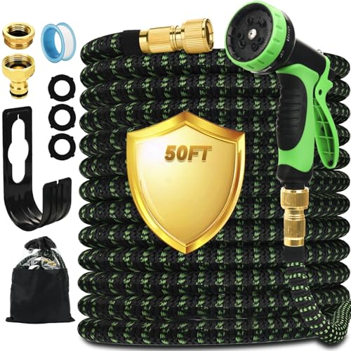 Expandable Garden Hose 50FT, Lightweight Flexible Hose with 10 Function Nozzles, Leak-Proof Metal Interface, Kink Free, Wear-Resistant, Outdoor Long Hose Pipe for Car Wash, Yard, Lawn