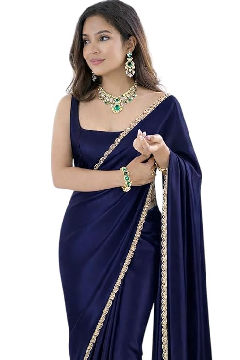 Ready To Wear Saree For Women Pre Pleated Satin Silk Readymade With Unstitched Blouse-image-21