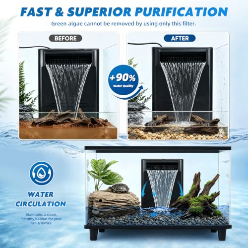 Image of Turtle Tank Filter Aquarium Filter Power Adjustable 20-75 Gal. 290GPH Large 3-Stage w / Resin Filter Media Low Water Level Waterfall for Fresh and Saltwater Fish Tank Reptile Shrimp Frog Yellow Odor