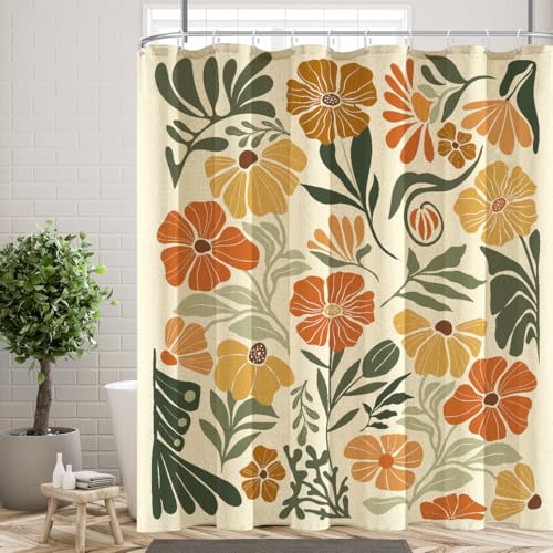 RTFEVG Linen Blend 84 Inch Extra Long Shower Curtain, Boho Orange Floral Botanical Art Decor, 72x84 Inch Fabric Cloth with 12 Hooks