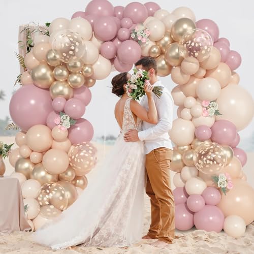 Image of Ouddy Life 157 Pcs Boho Dusty Pink Balloons Arch Garland Kit, Blush Pink Sand White Metallic Gold Different Size Balloon for Baby Shower Birthday Wedding Gender Reveal Mothers Day Party Decorations