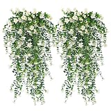 RECUTMS 4 Pcs Artificial Flowers for Outdoors Fake Hanging Flowers Plants 29Inch UV Resistant Silk Daisy Flower Realistic Faux Trailing Vine for Wall Yard Porch Balcony Indoor Outdoor Planters (White)