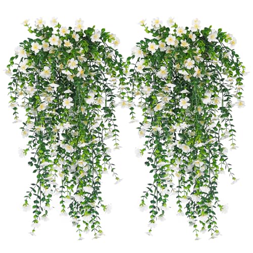 RECUTMS 4 Pcs Artificial Flowers for Outdoors Fake Hanging Flowers Plants 29Inch UV Resistant Silk Daisy Flower Realistic Faux Trailing Vine for Wall Yard Porch Balcony Indoor Outdoor Planters (White)