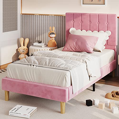 Likimio Twin Bed Frames, Velvet Upholstered Platform Bed Frame With Headboard And Strong Wooden Slats, No Box Spring Needed/Noise-Free/Easy Assembly, Pink #TOP3