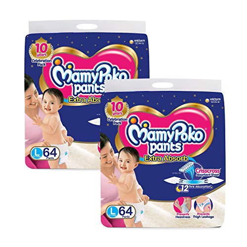 Image of Mamypoko Pants Extra Absorb Diapers (White, Large, 64 X 2-128 Pieces) Pack of 2, Unisex, Unisex