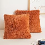 XeGe Juego de 2 fundas de cojín de pelo sintético de felpa esponjosa, naranja quemado