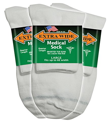 Extra Wide Medical (Diabetic) Quarter Sock (Pack of 3), Made in USA (Large, White)