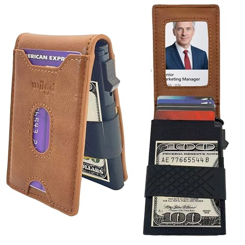 Men's Slim Bifold Wallet with Pop-Up Card Holder – RFID Blocking, Minimalist Aluminum Case, ID Window, Coin Pocket,Front Pocket Wallet with Gift Box(Brown)2