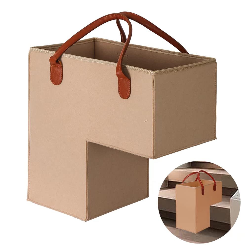 Levier Stair Basket with Leather Handles,Premium Felt Staircase Baskets for Carpeted and Wooden Stairs,Stair Step Storage Organizer for Home and Office Decor (Mocha)