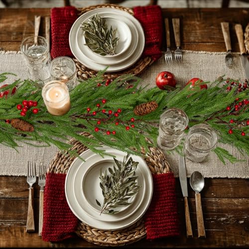 Hollyone 9FT Norfolk Pine Garland Real Touch Winter Pine Garland with Red Berry Christmas Garlands Artificial Greenery for Table Mantle Wall Indoor Outdoor Mantle Holiday Christmas Home Decor by Hollyone - Image 5