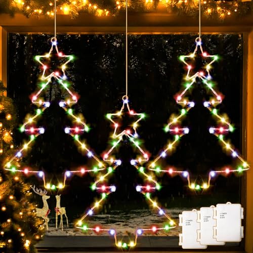 Dekofun Estrella Navidad Exterior 3 Piezas 45 LED Luces Navidad Ventana a Batería con Temporizador, Impermeables Adornos de Navidad para Ventana Navidad Balcon Hogar Interior Decoracion - Multicolor