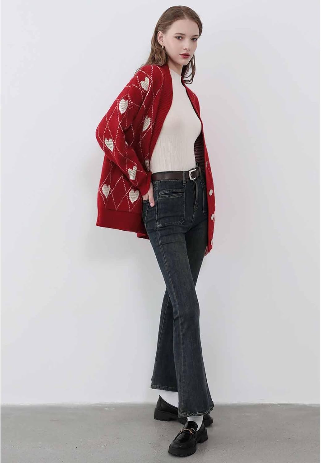 CHICWISH Women's Hearts Print Button Down Cardigan Sweaters V-Neck Long Sleeve Cropped Knit Sweater Cardigan with Pockets Red - Image 8