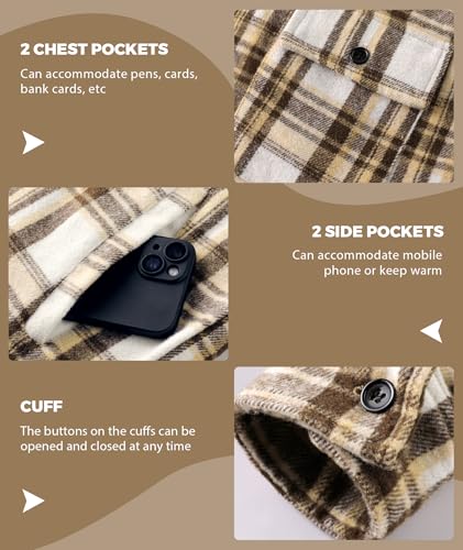 ZITY Men's Flannel Hooded Jacket Fleece Sherpa Lined Plaid Shirts Jackets Zip Up Sweatshirt Hoodies for Men with 4 Pockets Khaki Large — view 4